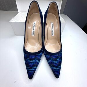 Manolo Blahnik Shades of Blue Needlepoint Pointed-Toe Pumps, size 38.